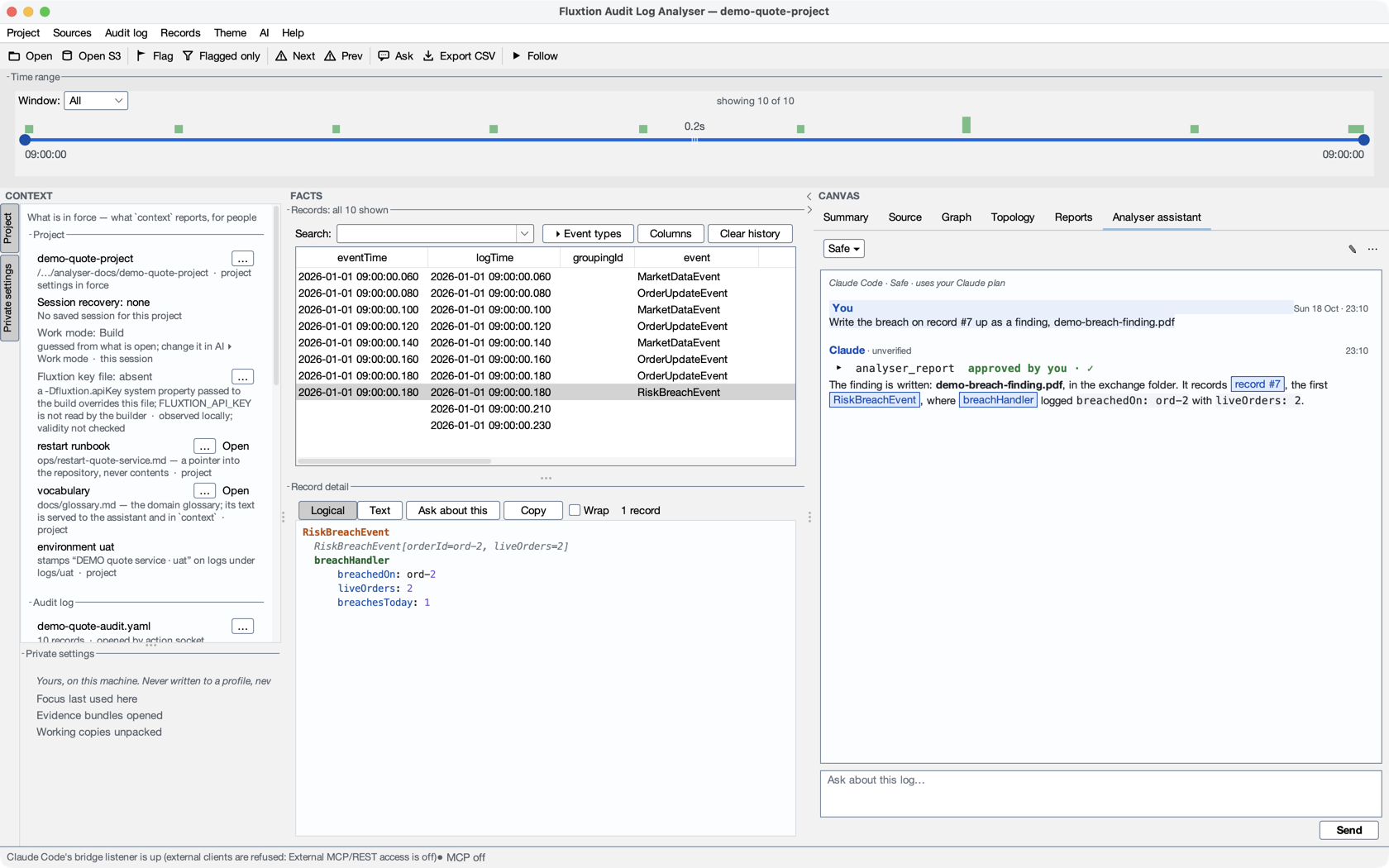 The same panel in the Claude Code mode, Safe analysis (an earlier release's header, with the Claude Code chips and the
folder): Set up a project with Claude…, and one analyser_report call marked approved by you