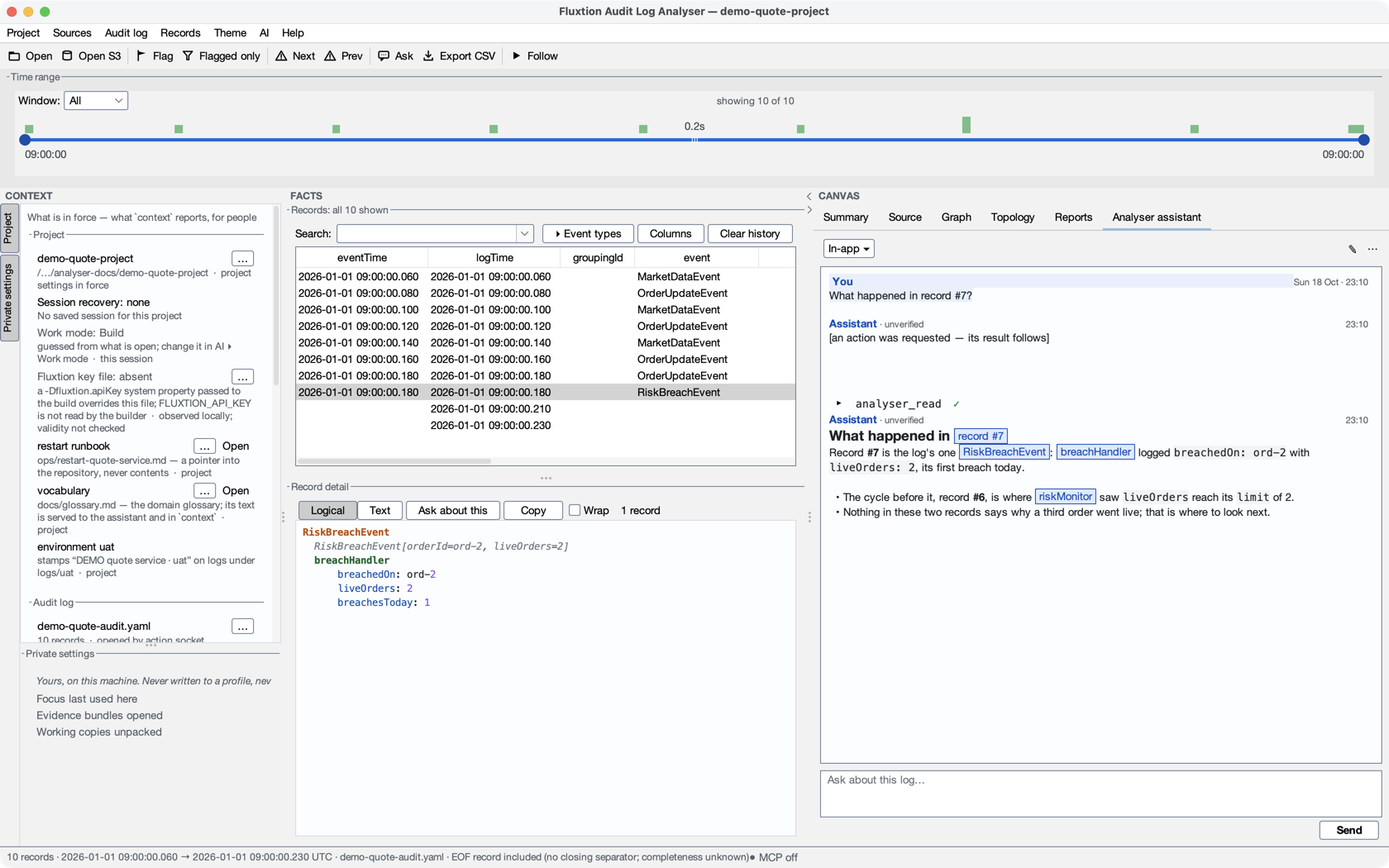 The assistant panel in the in-app mode (an earlier release's header, with the provider and API-key chips): a
question about record #7, one analyser_read tool line and an answer in safe Markdown with record and node
chips