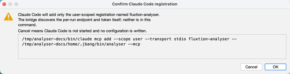 Claude Code user-registration confirmation shows the exact command and Cancel and OK choices before the client CLI runs