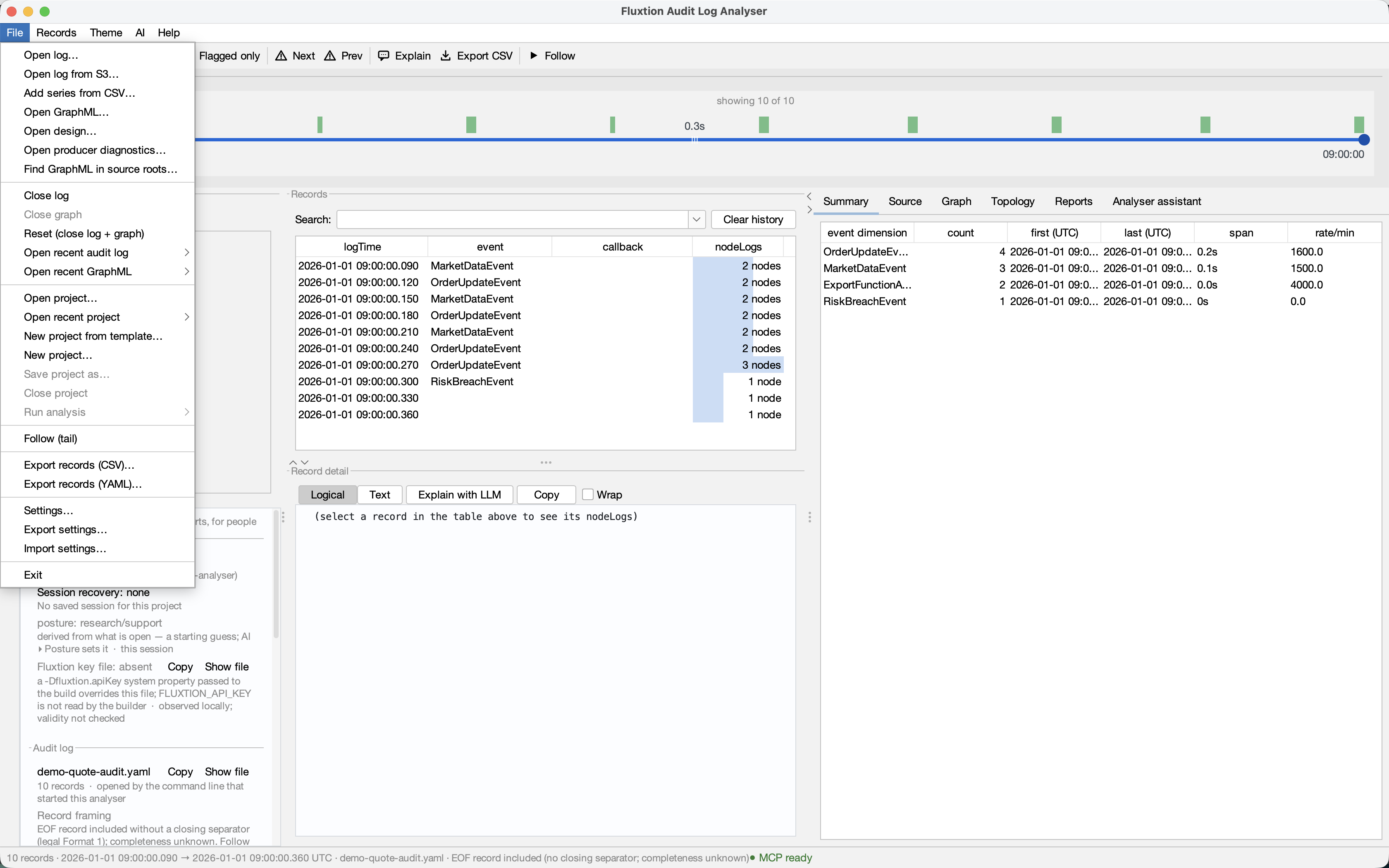 The File menu with the project group, including New project from template, in its own section below the log and GraphML openers