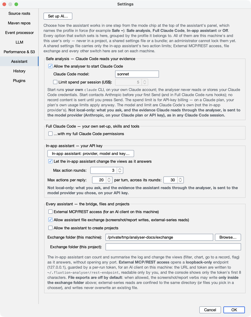 Settings ▸ Assistant, grouped by profile: Safe analysis, Full Claude Code, In-app assistant and Every assistant, with
Connect an AI client…, External MCP/REST access and the exchange folders