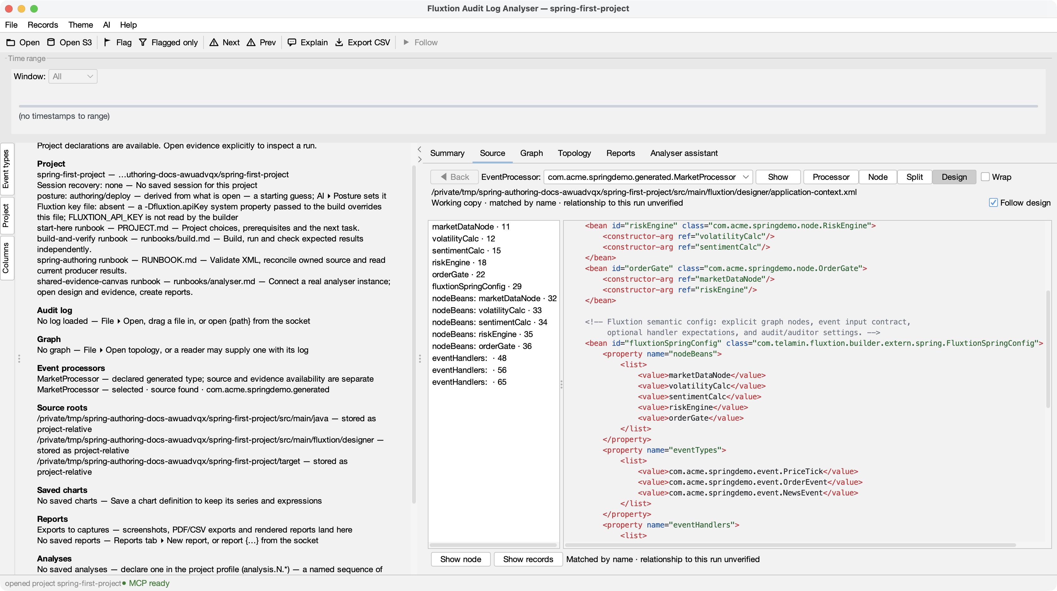 The Source tab shows riskEngine and its declared references in the downloaded Spring XML, without a log loaded