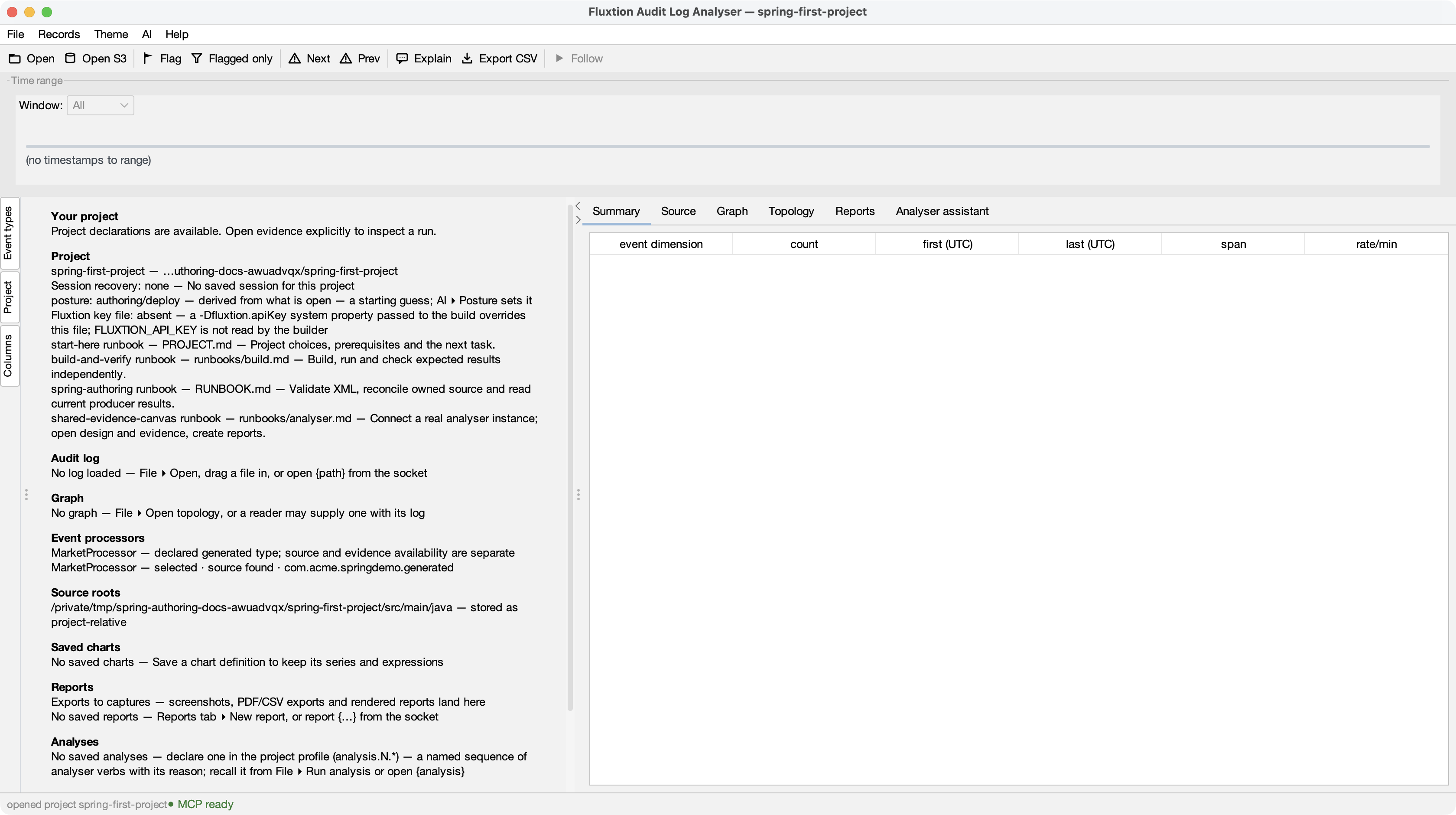 Spring project open without a log: the landing page lists start-here, build-and-verify, spring-authoring and shared-evidence-canvas runbooks
