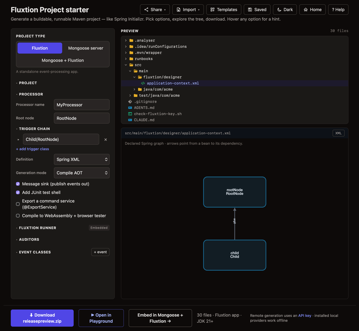 Website starter with a two-node imported XML design and a child-to-root dependency arrow