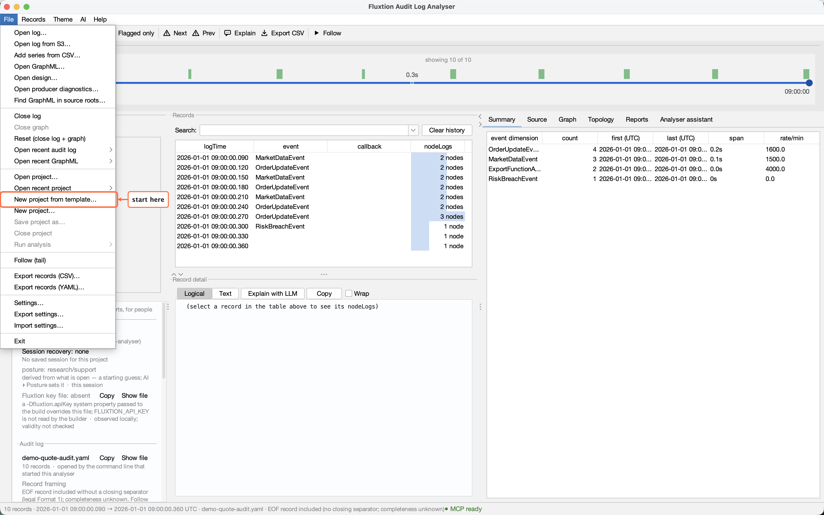 The File menu open, with an orange ring and the words "start here" marking New project from template… in the project group