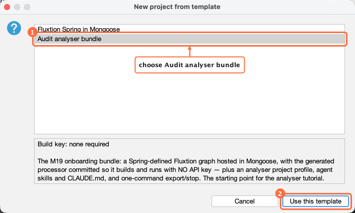 The template picker with two numbered orange rings: 1 on the Audit analyser bundle row, captioned "choose Audit analyser bundle", and 2 on the Use this template button